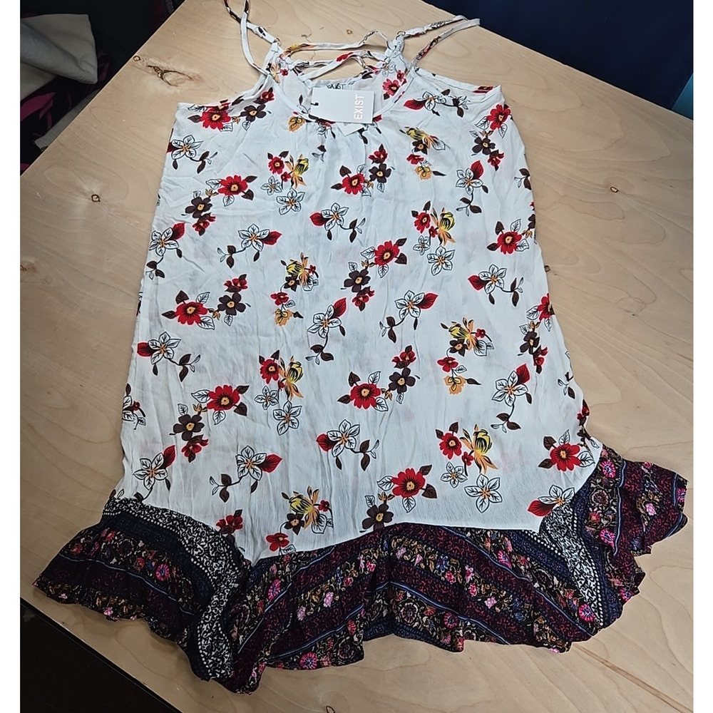 Exist Boho Adjustable Spaghetti Strap White Floral Sundress Large Knee Length